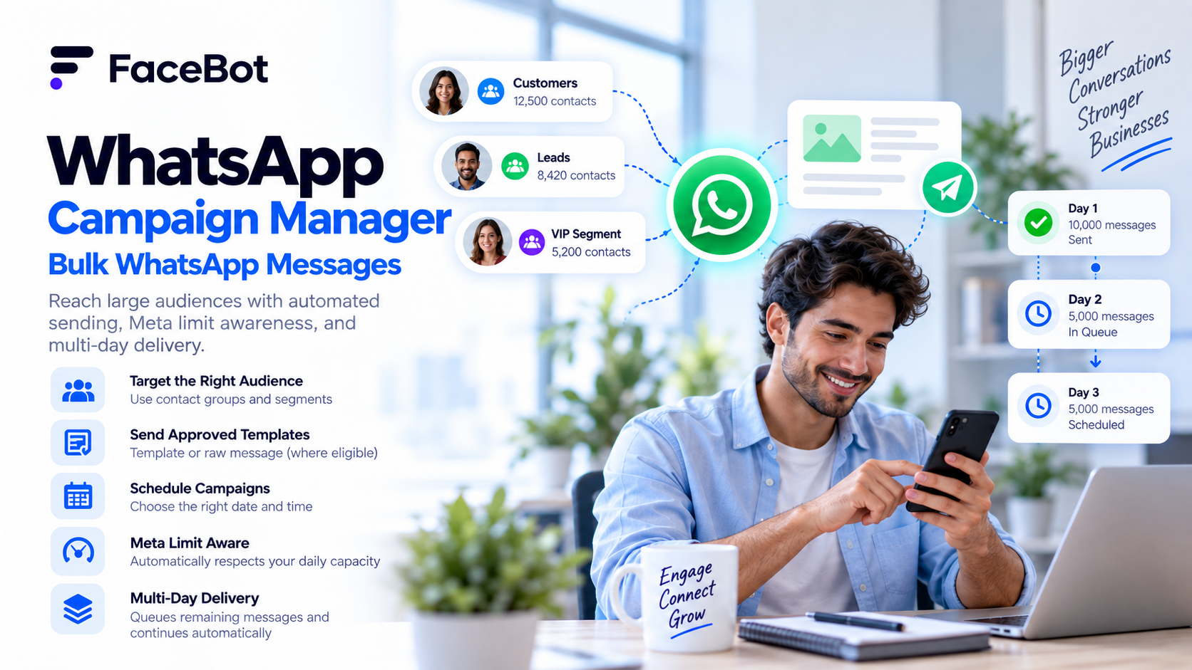 FaceBot Bulk WhatsApp Messages: Send Large Campaigns Safely at Scale