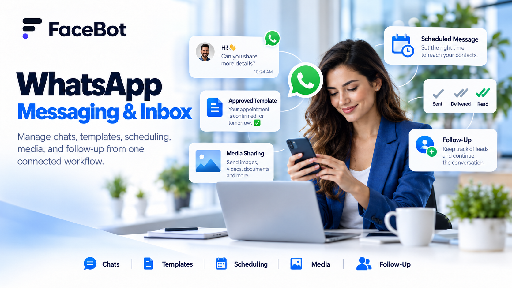 FaceBot WhatsApp Messaging & Inbox: Chats, Templates, Scheduling & Media
